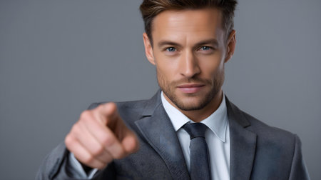 portrait of young businessman pointing at camera isolated on grey, focus on hand.ai generatedの素材