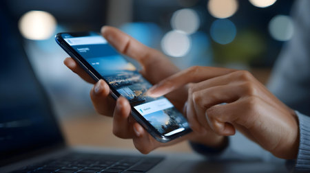 Close-up image of a woman using mobile smart phone in cafe.ai generatedの素材
