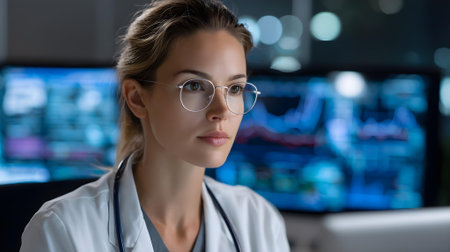 Portrait of serious female doctor in eyeglasses looking at camera while standing in front of computer monitor with stocks and shares.ai generatedの素材