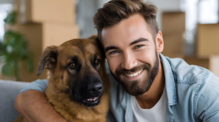 happy young man hugging dog at new home with boxes on background, relocation concept.ai generatedの素材