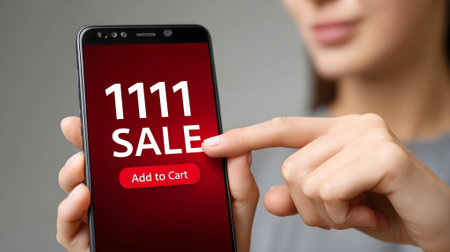 Closeup of woman holding smartphone with red sale text on screen.ai generatedの素材