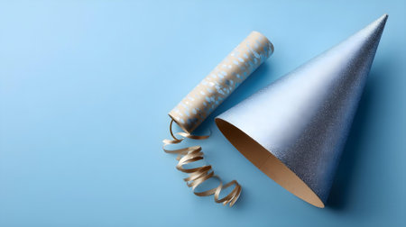 Party hat and streamer on blue background. 3d illustration.ai generatedの素材