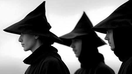 Black and white image of three witches in black cloaks on a white background.ai generatedの素材