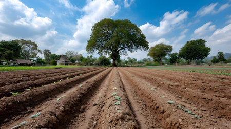 Agricultural field with tree and blue sky in countryside of Thailand.ai generatedの素材