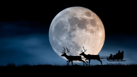 Silhouette of Santa Claus with reindeers on the background of the full moon.ai generatedの素材