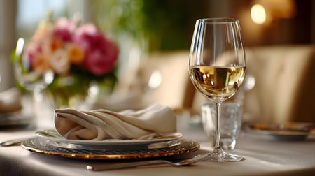 Elegant table setting with wine glasses and napkin in restaurant.ai generatedの素材