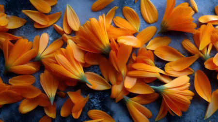 Calendula flower petals on dark blue background, top view.ai generatedの素材