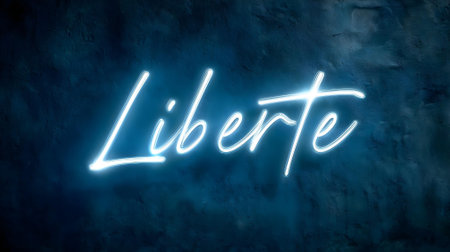 Neon sign with the wordLiberty on a dark blue background.ai generatedの素材