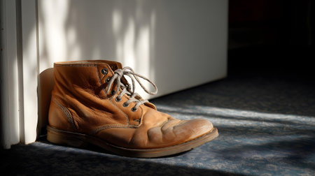A pair of old shoes on the floor in a room with sunlight.ai generatedの素材