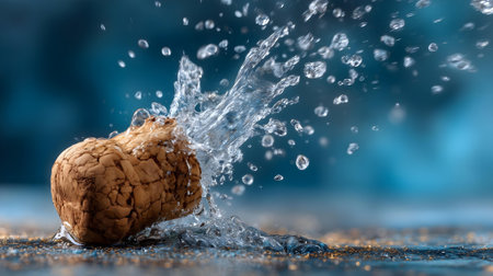 Champagne cork and splashes of water on a blue background.ai generatedの素材