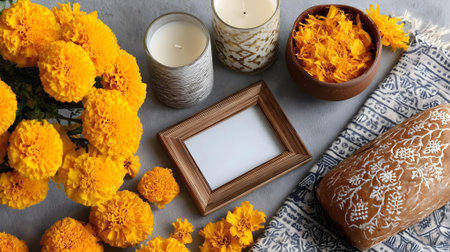 Marigold flowers, candles and blank photo frame on grey background.ai generatedの素材