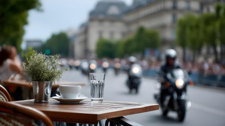 Cafe on the street in Paris, France. Blurred background.ai generatedの素材