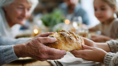 Closeup of senior man and woman hands holding bread during family dinner.ai generatedの素材