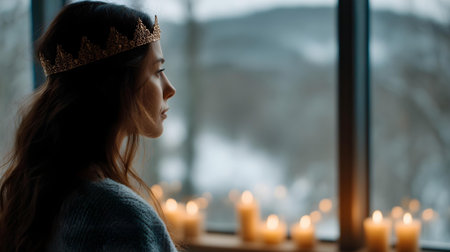 Portrait of a beautiful girl in a crown against the background of a window.ai generatedの素材
