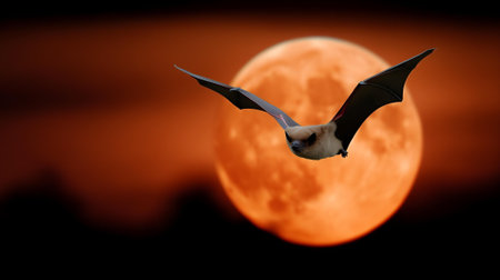 Halloween bat flying in front of the full moon. Halloween concept.ai generatedの素材