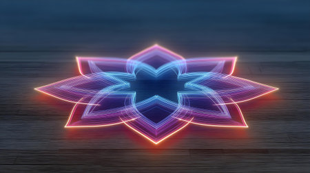 Neon glowing flower icon on wooden background. 3D Rendering.ai generatedの素材