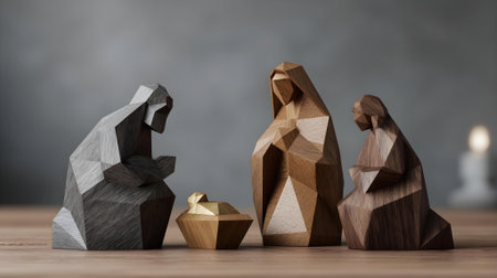 Wooden figures of mother and baby on a wooden background. Motherhood concept.ai generatedの素材