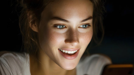 Close-up portrait of young beautiful woman looking at camera and smiling.ai generatedの素材