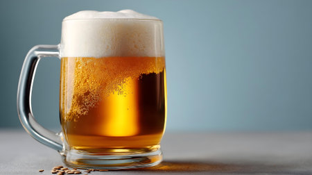 Mug of beer with foam and grains on a blue background.ai generatedの素材