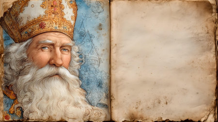 Saint Nicholas with a crown on his head and an old book.ai generatedの素材