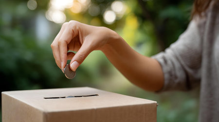 Close up of female hand putting coin into cardboard box in the garden.ai generatedの素材