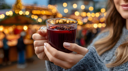 Woman holding hot mulled wine on blurred Christmas market background, closeup.ai generatedの素材