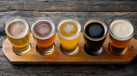 Different types of beer in glass on wooden table, closeup view.ai generatedの素材