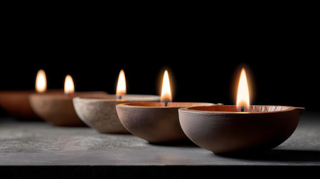 Burning diya lamps on black background, closeup. Space for text.ai generatedの素材