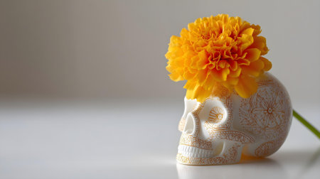 Day of the Dead sugar skull with marigold flower on white background.ai generatedの素材