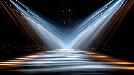 Stage lights, spotlights, floodlights and stage lighting on a black background.ai generatedの素材