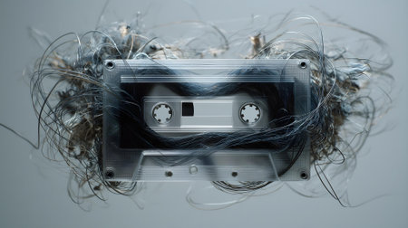Audio cassette with tangled hair on grey background. 3D illustration.ai generatedの素材