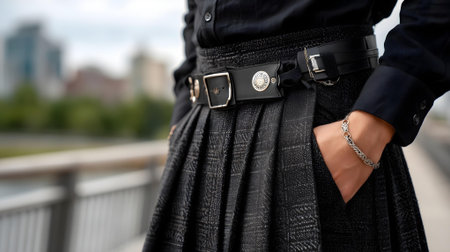 Close up of a woman's hand wearing a black leather skirt.ai generatedの素材