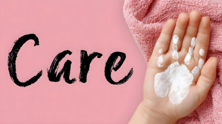 The word care is written in white powder on a pink background.ai generatedの素材