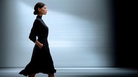 Young attractive businesswoman in black dress against media background  Place for text.ai generatedの素材