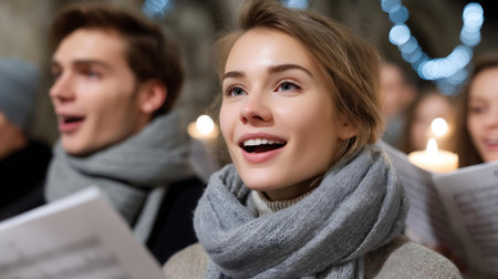 people, christmas, holidays and celebration concept - happy young couple reading christmas book in church.ai generatedの素材