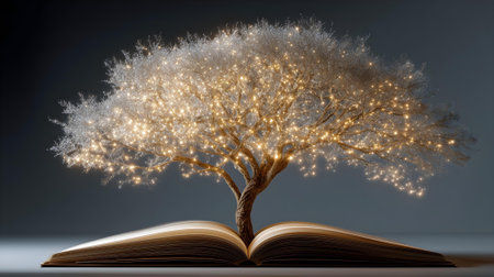 Tree growing from an open book on a dark background. 3d rendering.ai generatedの素材