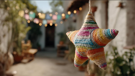 Colorful handmade star hanging on a rope in front of a cafe.ai generatedの素材
