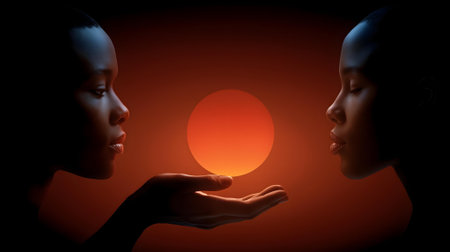 Two women facing each other with a red sun in the background.ai generatedの素材