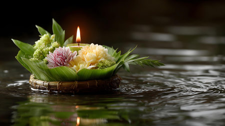 Candle and flowers floating on water with bokeh background.ai generatedの素材