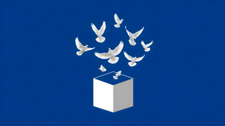 White box with flying white doves on blue background. 3d rendering.ai generatedの素材