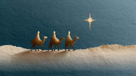 Three wise men with a star in the desert. 3D rendering.ai generatedの素材