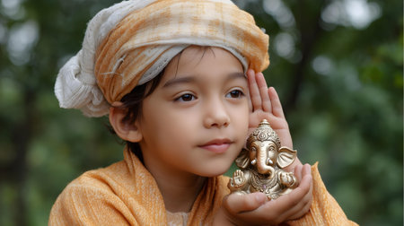 Little asian girl holding a buddha statue in her hand.ai generatedの素材