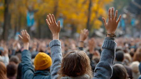 Crowd of people with raised hands at concert in autumn park.ai generatedの素材