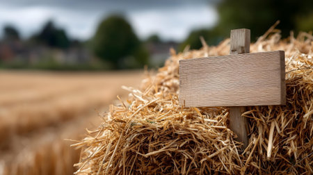 Blank wooden sign on hay bale in front of countryside landscape.ai generatedの素材