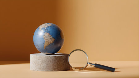 Globe and magnifying glass on a beige background. Conceptual image of search for information.ai generatedの素材