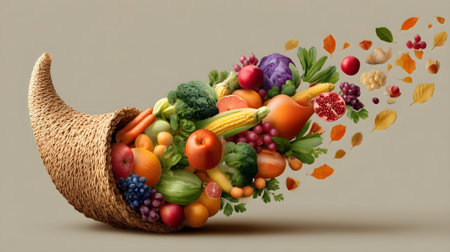 Vegetables and fruits in a basket on a gray background.ai generatedの素材