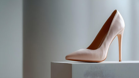 High heel shoes on a white cube in the interior of the store.ai generatedの素材