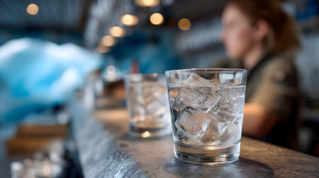 Glass of cold water on bar counter with blurred barman in background.ai generatedの素材