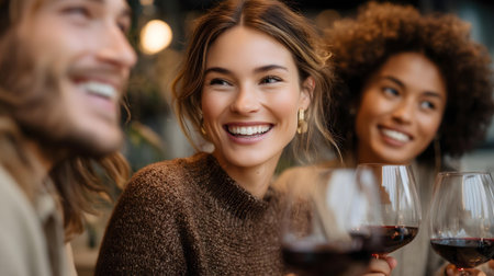 cheerful multiethnic friends clinking glasses of red wine in cafe.ai generatedの素材