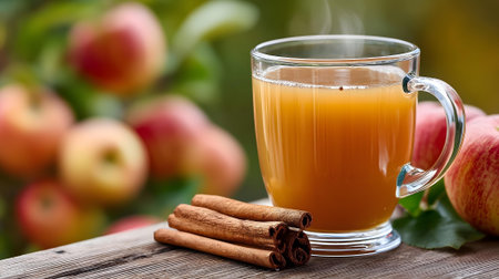 Cup of apple juice with cinnamon sticks and apples in the background.ai generatedの素材